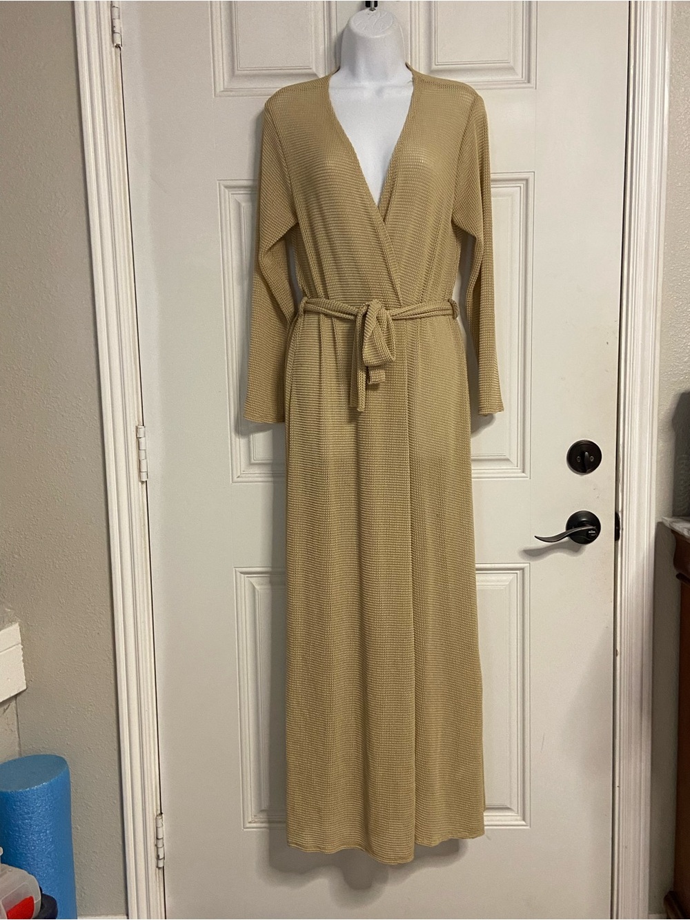 T43a- JLUXLABEL Tan Sheer Mesh Maxi Robe w/ Belt